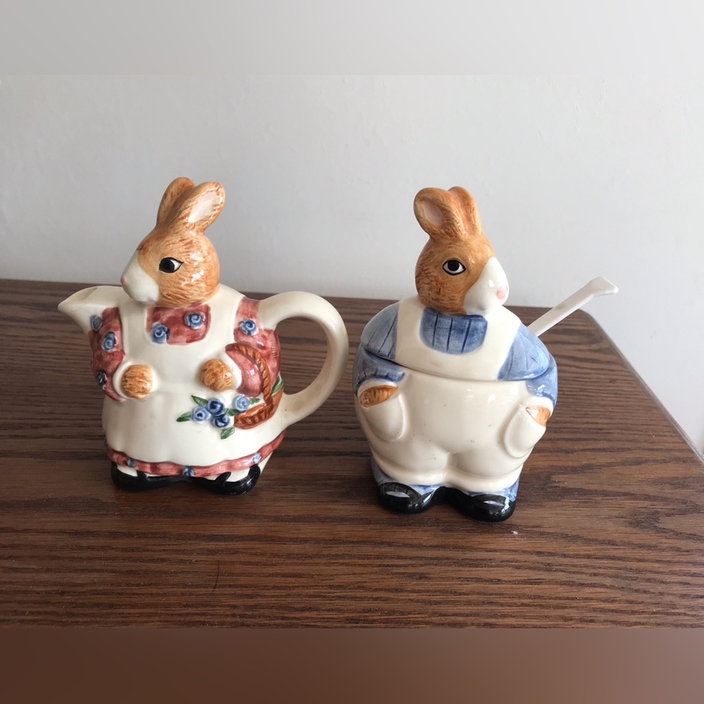 Otagiri EK Brown Bunny Rabbit Creamer Sugar Hand Painted Vintage Japan
